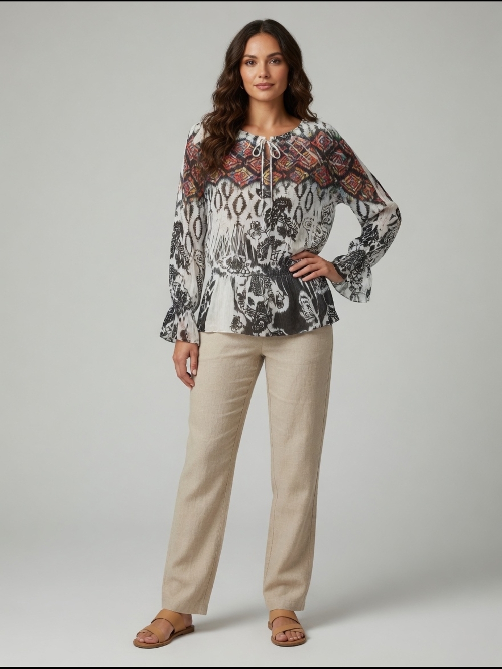 Boho Printed Peasant Blouse in Black and Cream